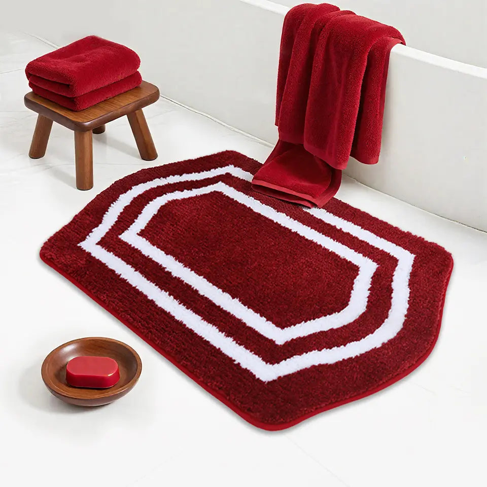 17x27 Red Luxury Plush Oval Framed Bath Rugs before Tub