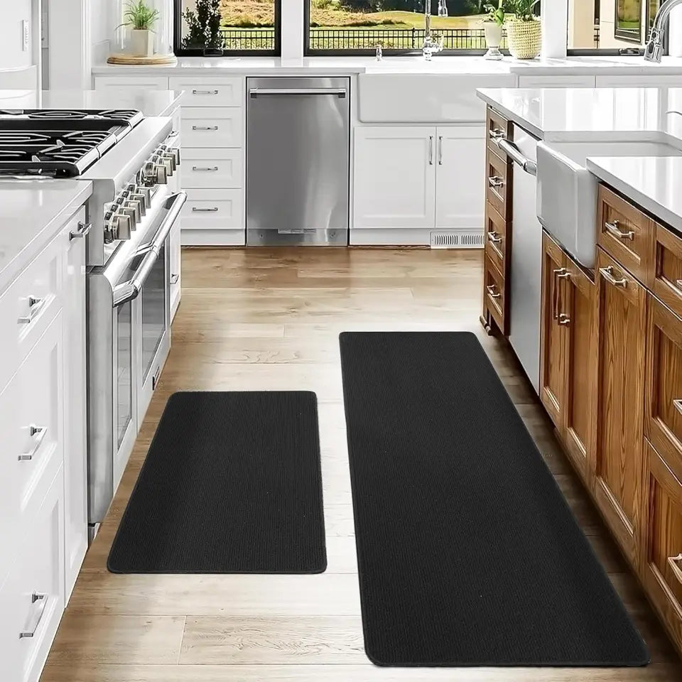 20x30 20x48 Black Plain Kitchen Rugs Set