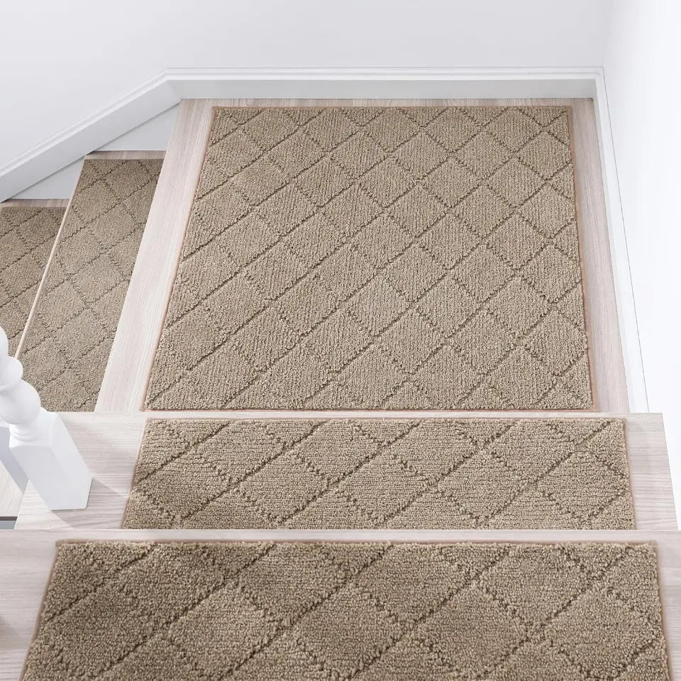 30x30 Beige Diamond Stair Landing Rug on Stair Corner
