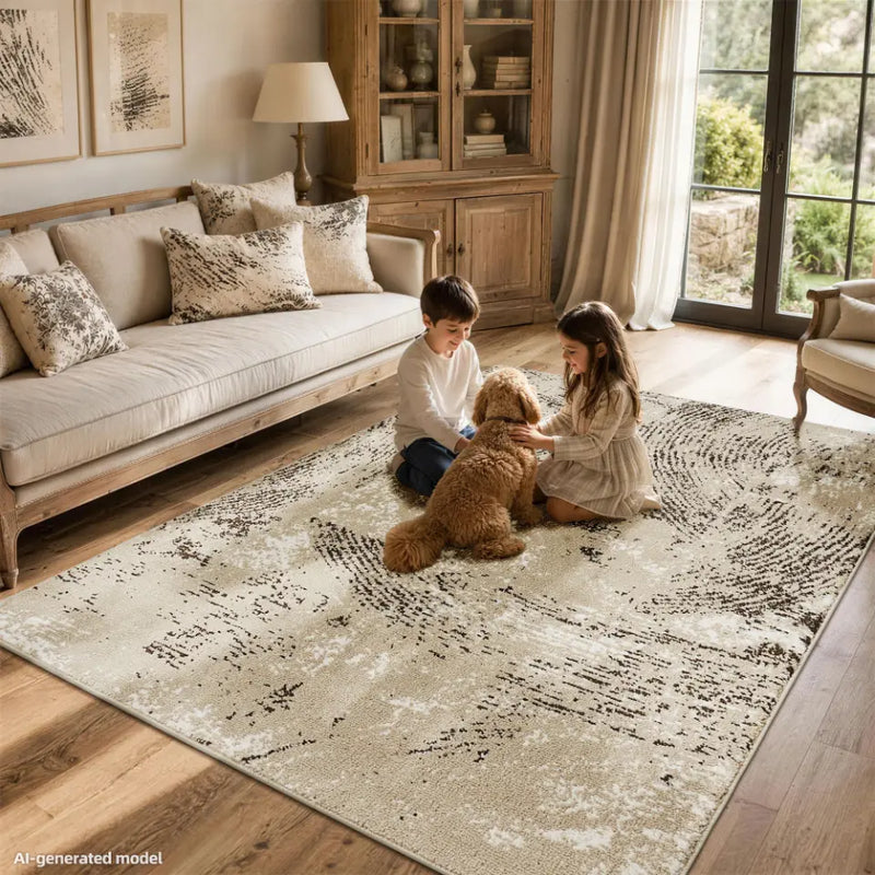 Two children playing with building blocks on a oatmeal & espresso rug in a living room with a dog.