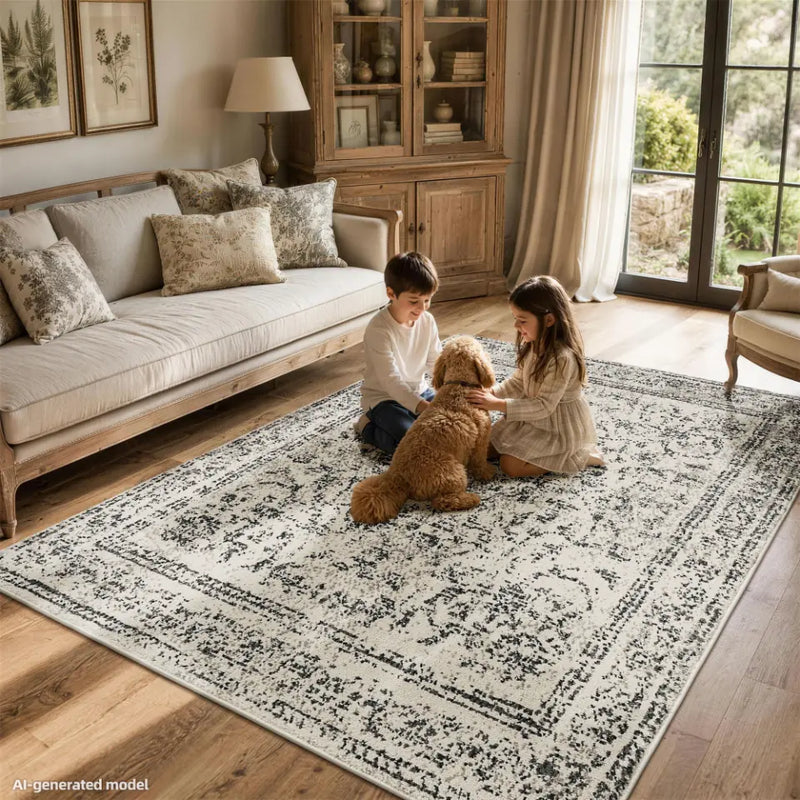 Two children playing with building blocks on a faded grey & cream rug in a living room with a dog.