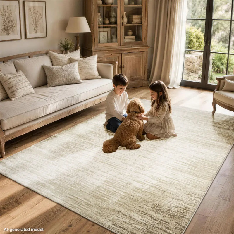 Two children playing with colorful blocks on a taupe & cream rug in a living room with a dog.