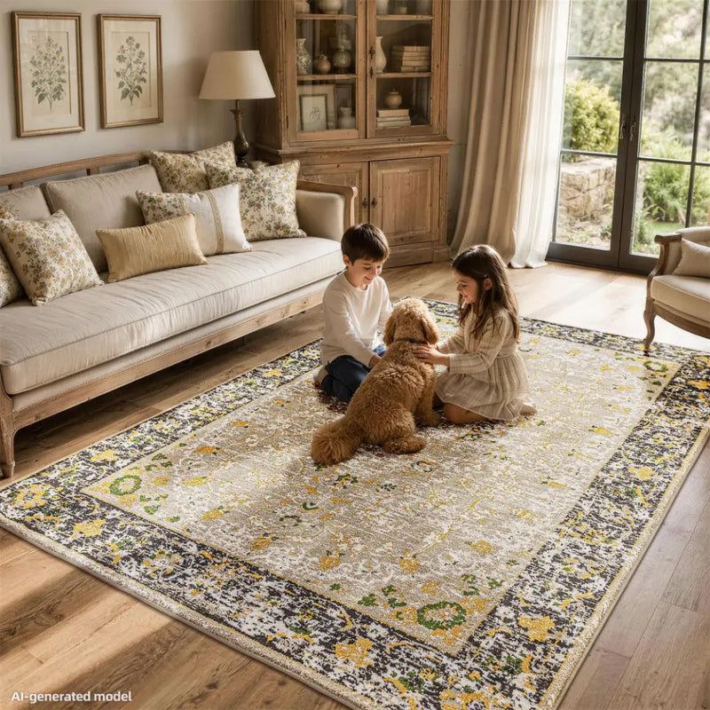 Two children playing with building blocks on a gold & charcoal patterned rug in a living room with a dog.