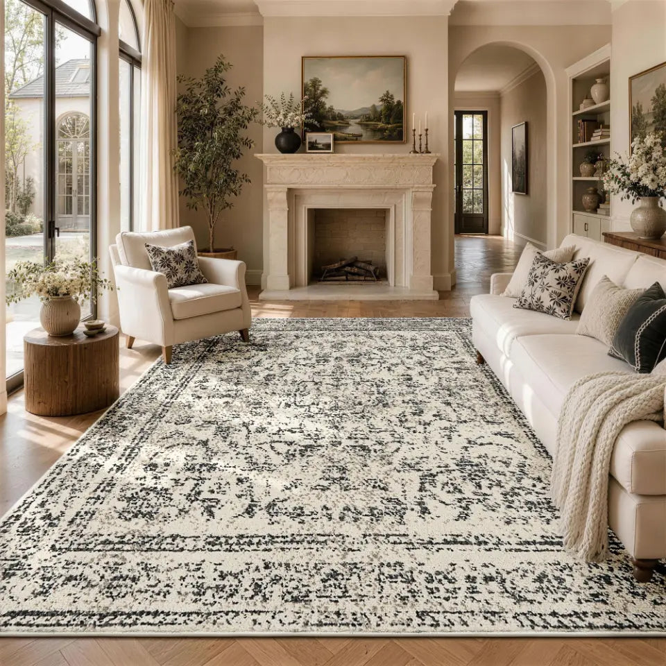 Living room with a patterned rug, white sofa, and fireplace.