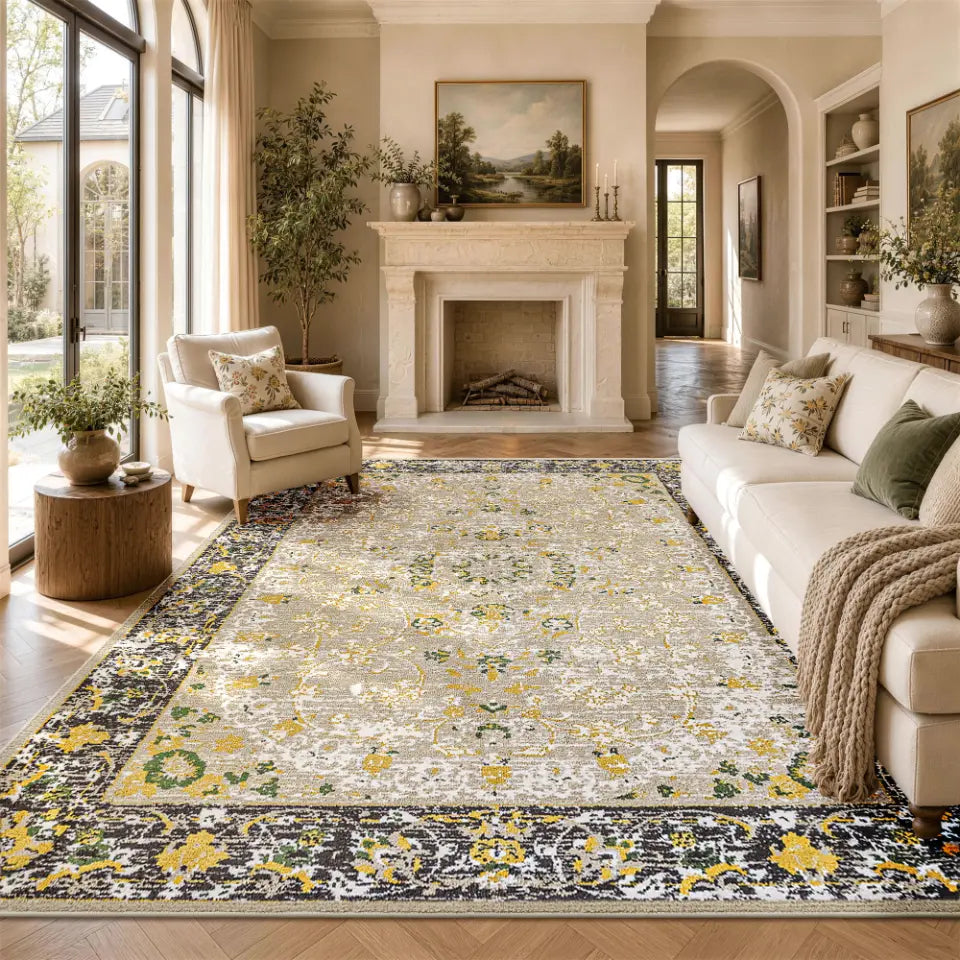 Living room with a floral patterned rug, beige sofa, armchair, and fireplace.