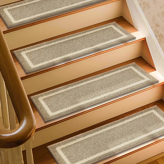 Beige Carpet with Border for Stairs on Steps