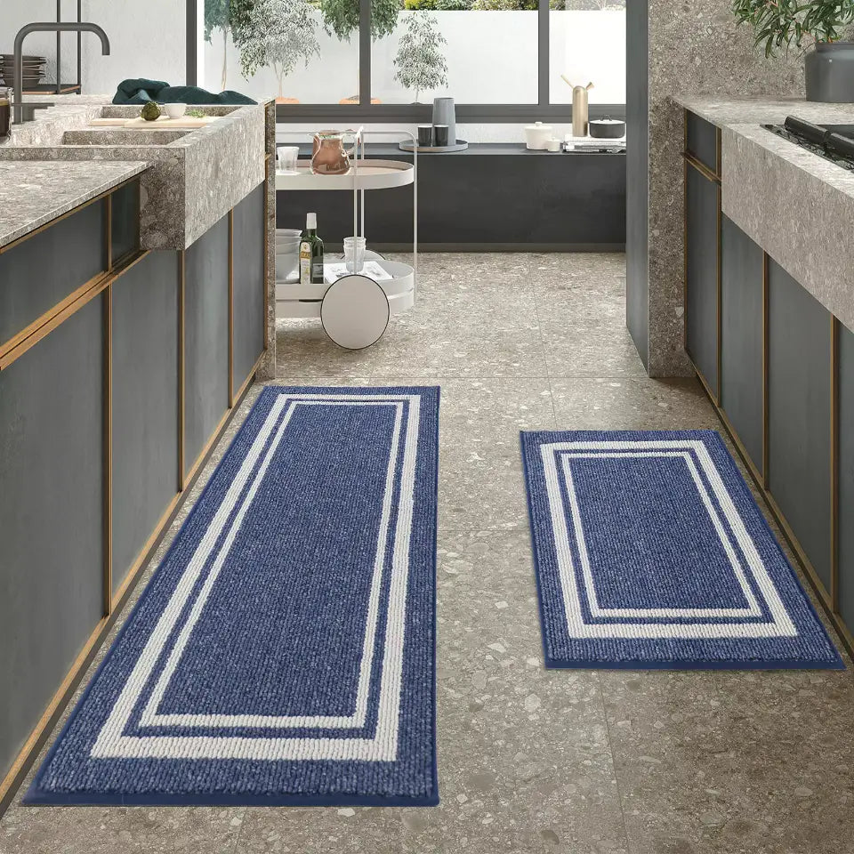Blue Carpet Laying on Kitchen Floor