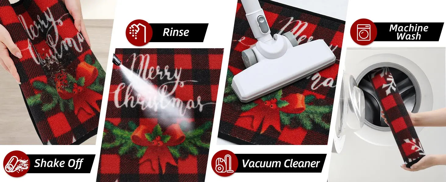 Buffalo Plaid Poinsettia Christmas Floor Mats Which can be Cleaned by Various Way