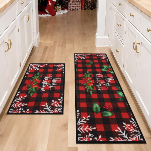 Buffalo Plaid Poinsettia Christmas Kitchen Rug Runner