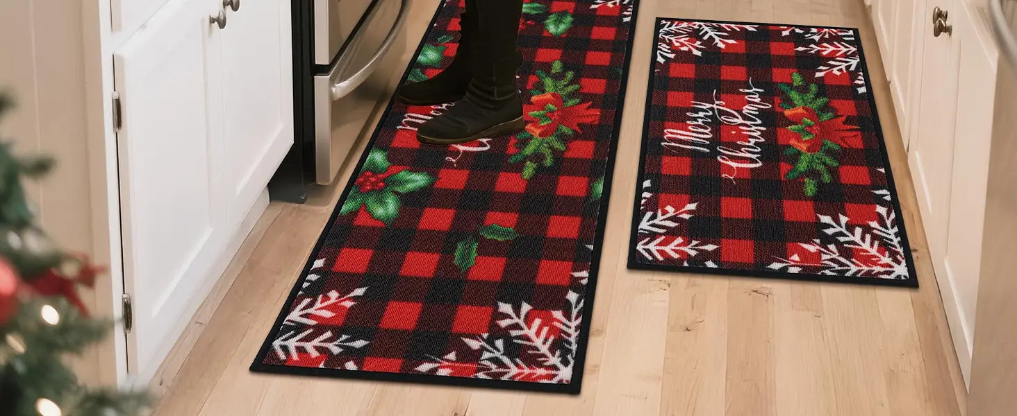 Buffalo Plaid Poinsettia Christmas Kitchen Rug Runner on Runway