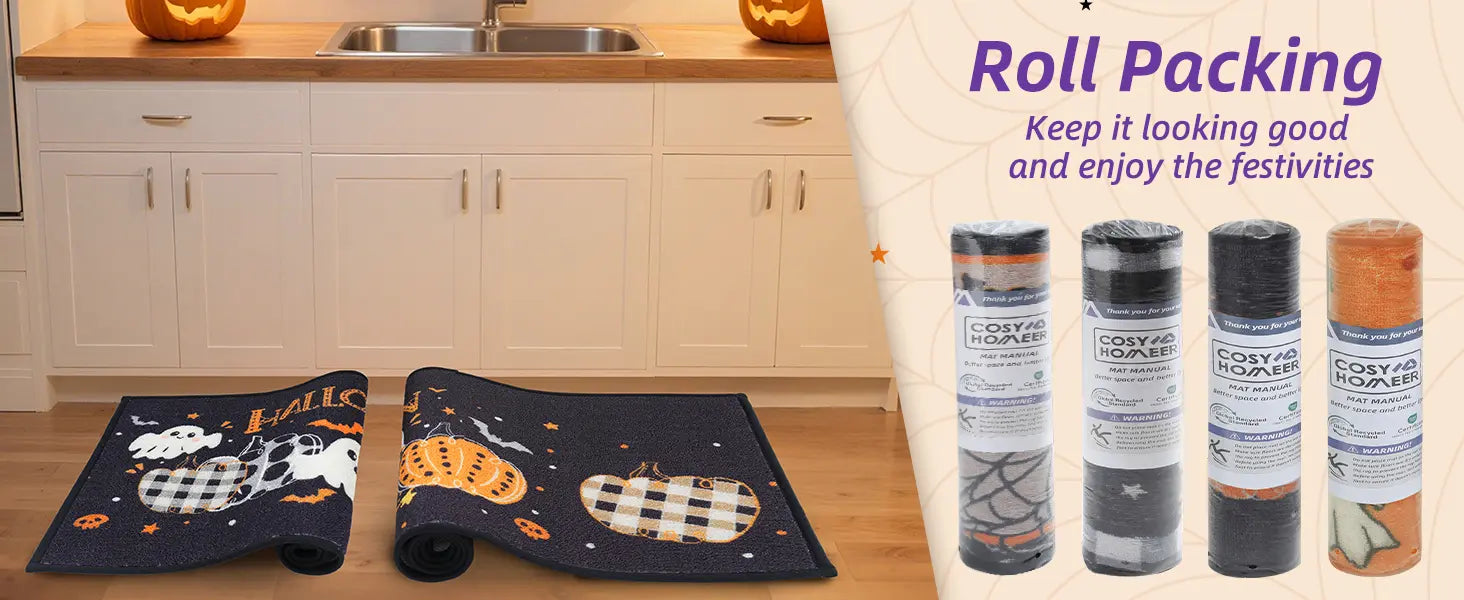 Dirt Trapper Ghost and Pumpkin Halloween Rugs for Kitchen with Roll Packing