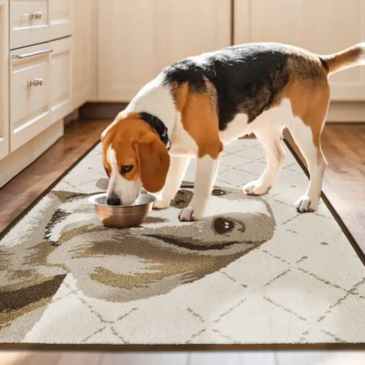 Dog Eating on Dog Themed Doormat