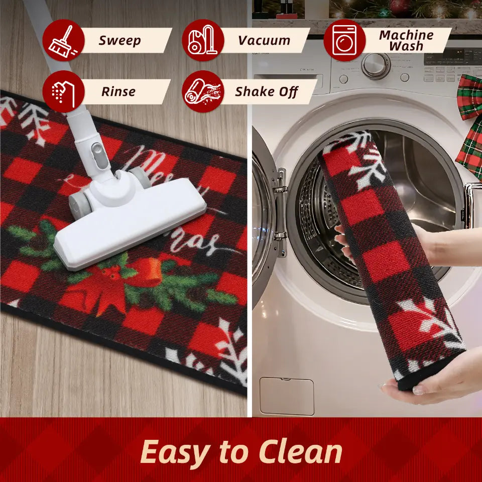 Easy to Clean Buffalo Plaid Poinsettia Christmas Floor Mats
