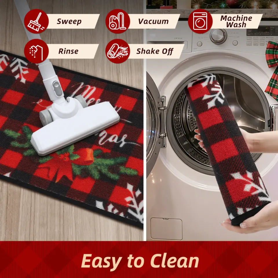 Easy to Clean Buffalo Plaid Poinsettia Christmas Kitchen Rug Runner