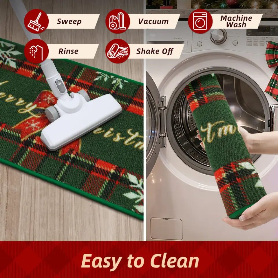 Easy to Clean Green Tartan Christmas Floor Mats for Kitchen