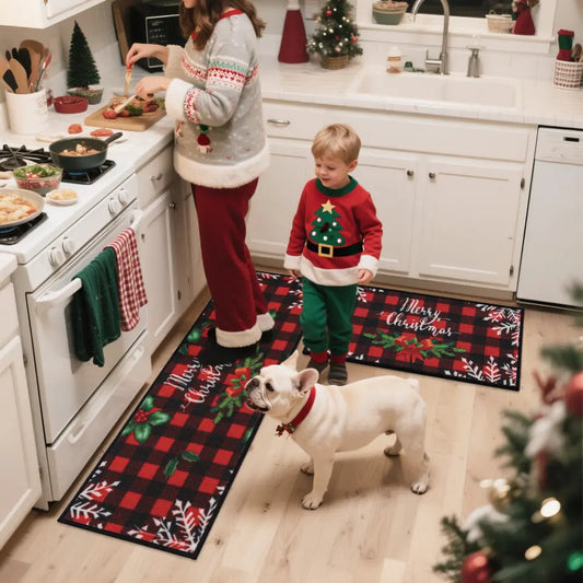 Family in Christmas Kitchen with Buffalo Plaid Poinsettia Christmas Kitchen Rug Runner