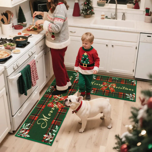 Family in Christmas Kitchen with Green Tartan Christmas Floor Mats for Kitchen