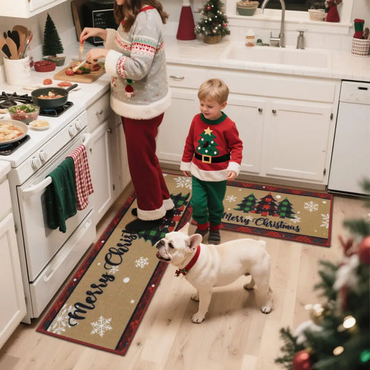 Family in Christmas Kitchen with Tree Snowflakes Xmas Kitchen Mats