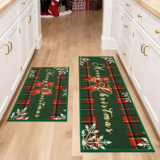 Green Tartan Christmas Floor Mats for Kitchen
