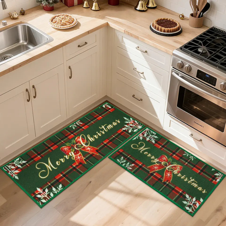 Green Tartan Christmas Floor Mats for Kitchen in Kitchen