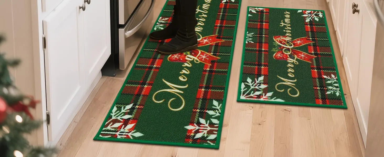 Green Tartan Christmas Floor Mats for Kitchen on Runway