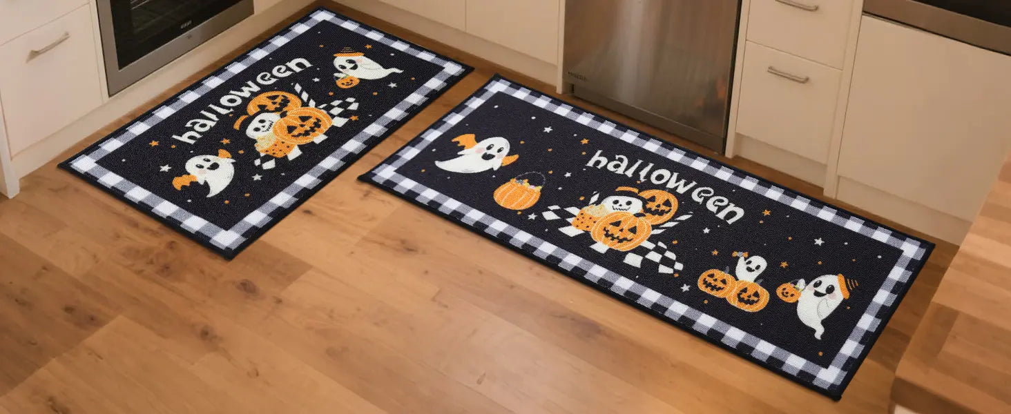 Halloween Ghost and Pumpkin Kitchen Mat on Kitchen Floor