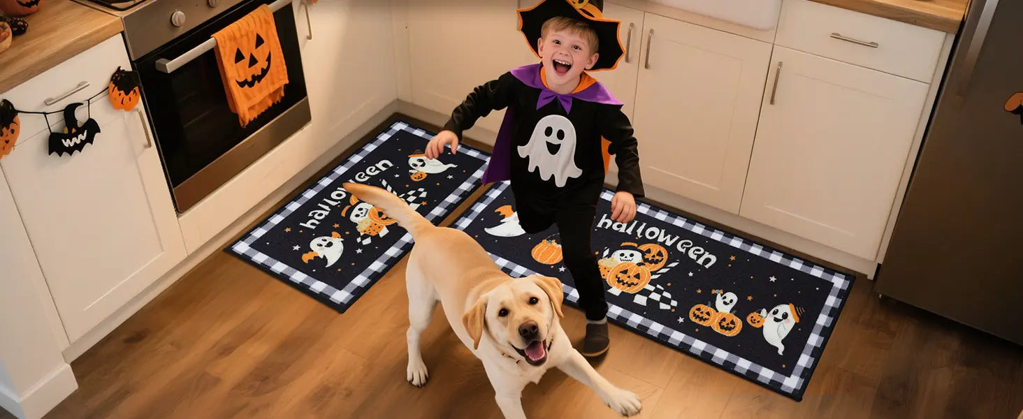 Kid and Pet Playing Halloween Theme Kitchen with Halloween Ghost and Pumpkin Kitchen Mat