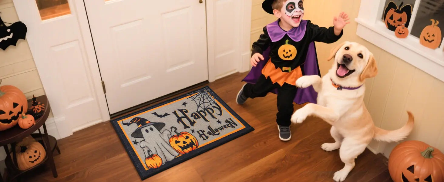 Kids and Dog Playing in Hall with Trick or Treat Halloween Kitchen Mat