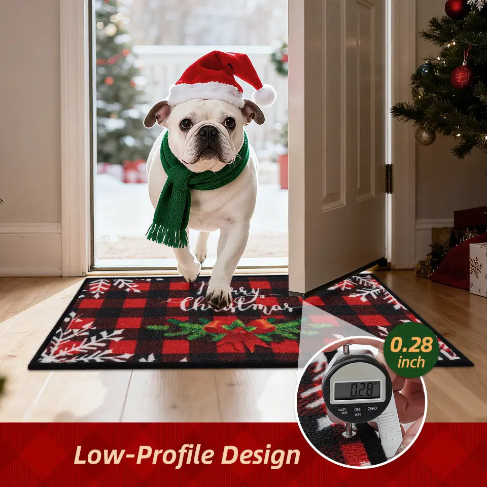 Low-Profile Design Buffalo Plaid Poinsettia Christmas Floor Mats
