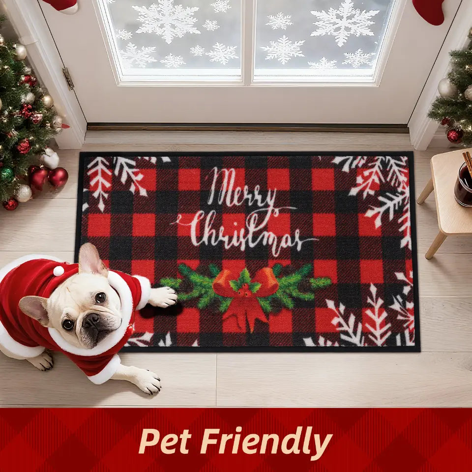 Pet Friendly Buffalo Plaid Poinsettia Christmas Floor Mats