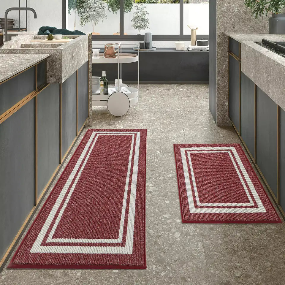 Red Carpet Laying on Kitchen Floor