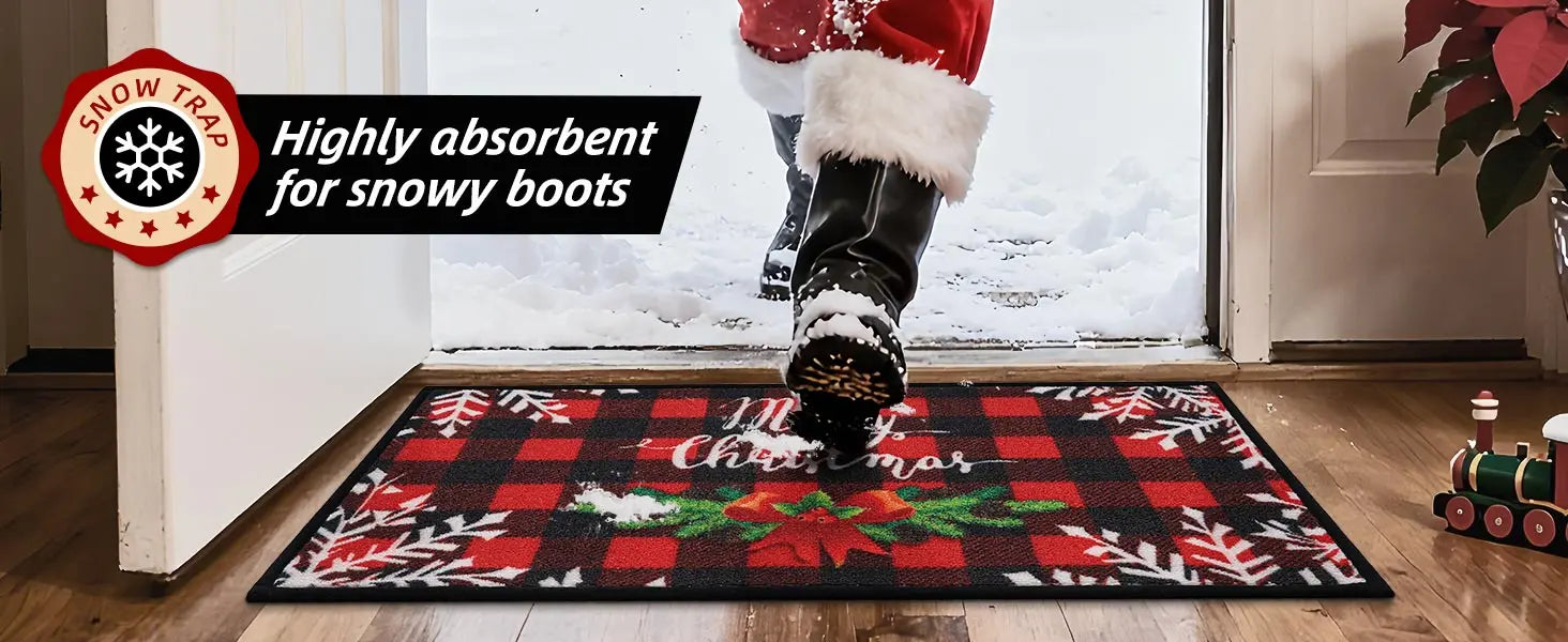 Santa Enter House and the Buffalo Plaid Poinsettia Christmas Floor Mats Highly Absorbent for Snowy Boots