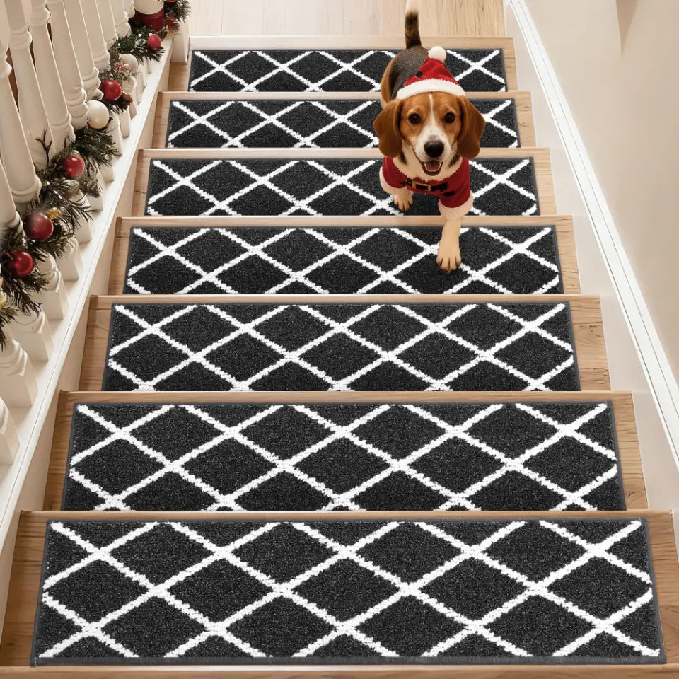 Set of 7 Dark Grey Diamond Trellis Stair Carpet