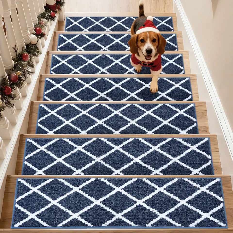 Set of 7 Navy Diamond Trellis Stair Carpet