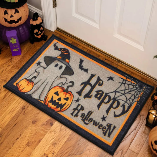 Side View of Happy Halloween Spiderweb Doormat
