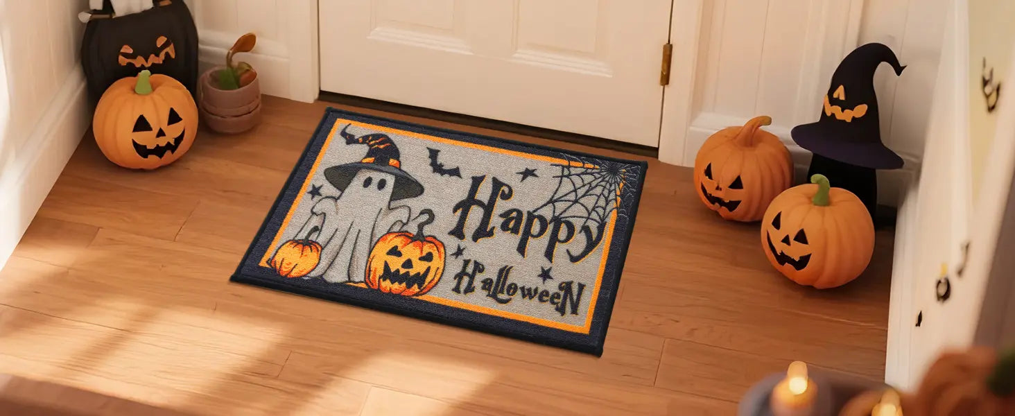 Trick or Treat Halloween Kitchen Mat on Front Door Banner