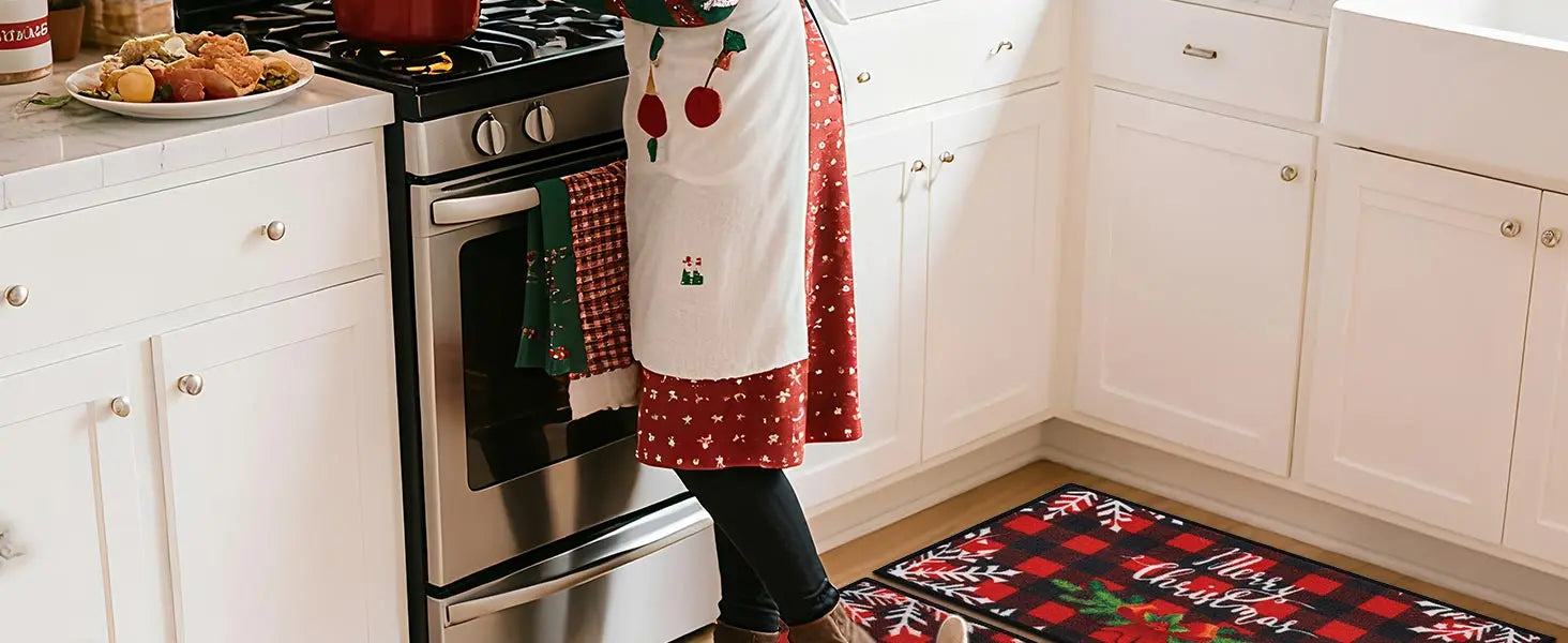 Woman Cooking in the Kitchen with Buffalo Plaid Poinsettia Christmas Kitchen Rug Runner