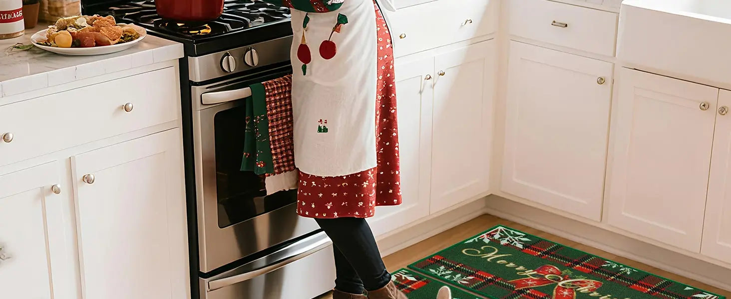 Woman Cooking in the Kitchen with Green Tartan Christmas Floor Mats for Kitchen