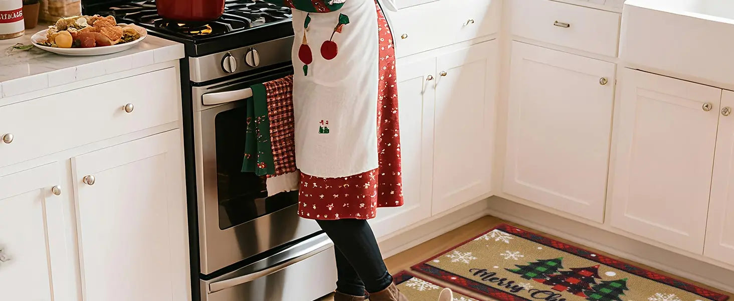 Woman Cooking in the Kitchen with Tree Snowflakes Xmas Kitchen Mats