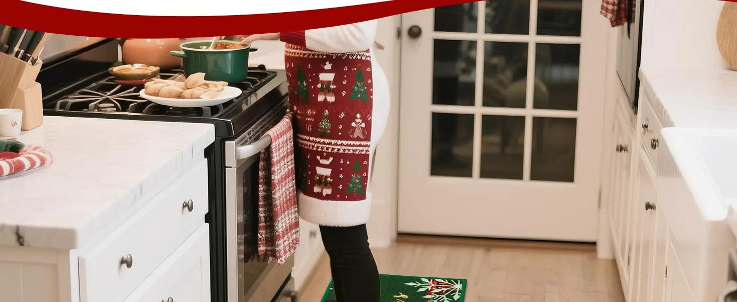 Woman Cooking on Green Tartan Christmas Floor Mats for Kitchen