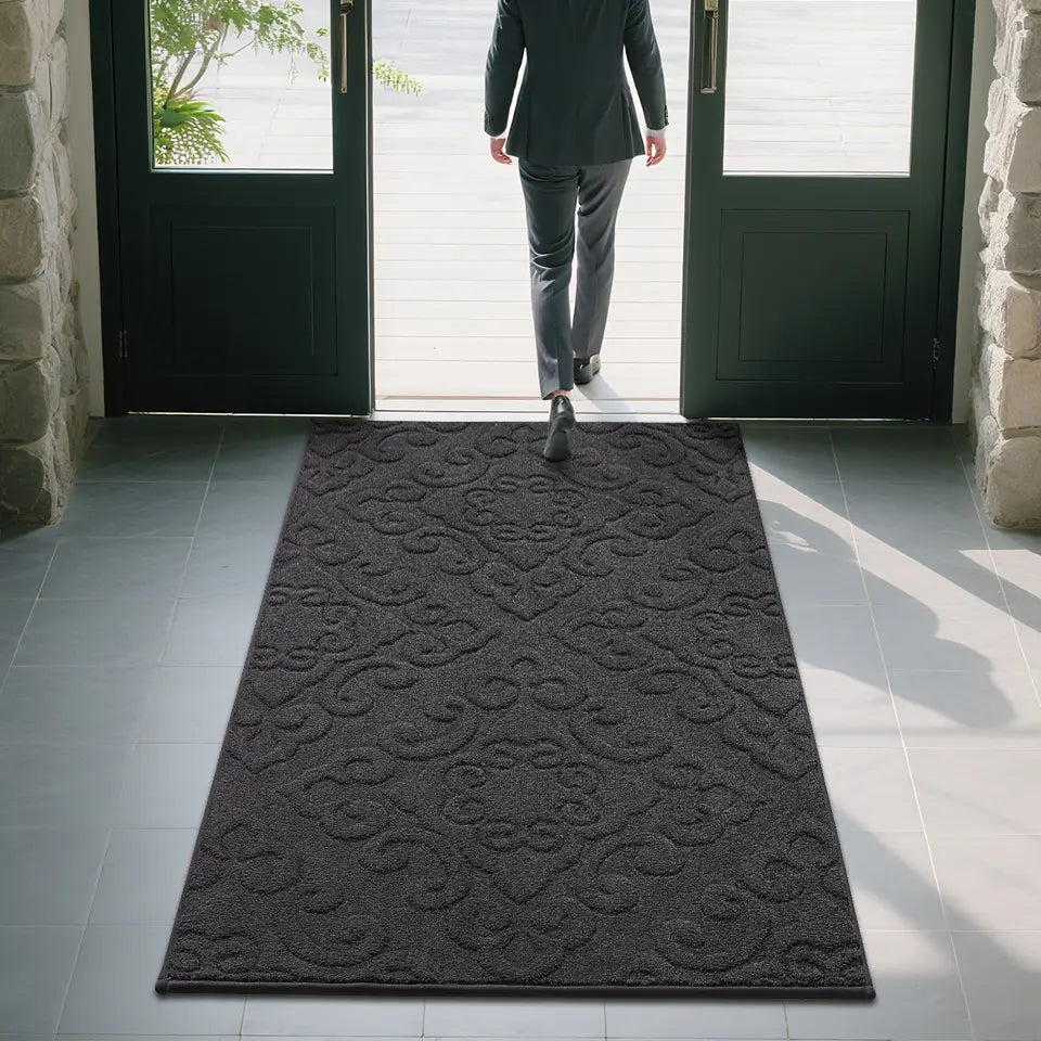 Woman Step on 36x60 Dark Grey Elegant Floral Door Mats