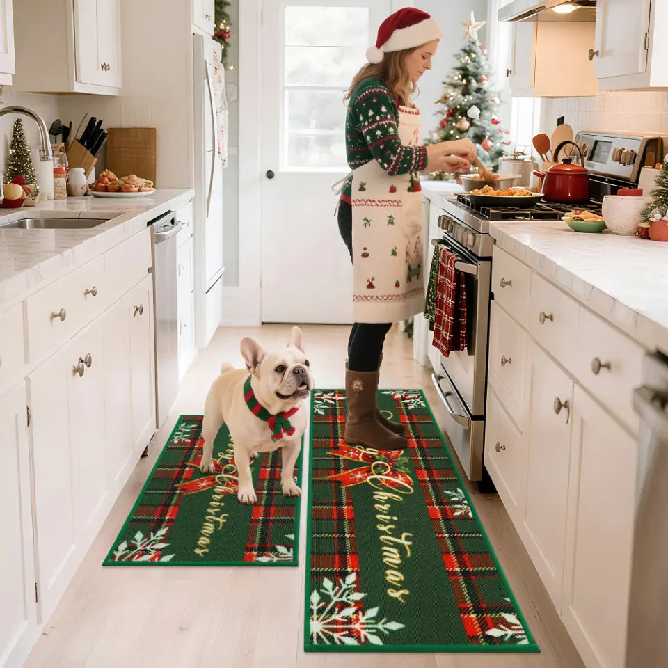 Woman a Dog in Christmas Kitchen with Green Tartan Christmas Floor Mats for Kitchen