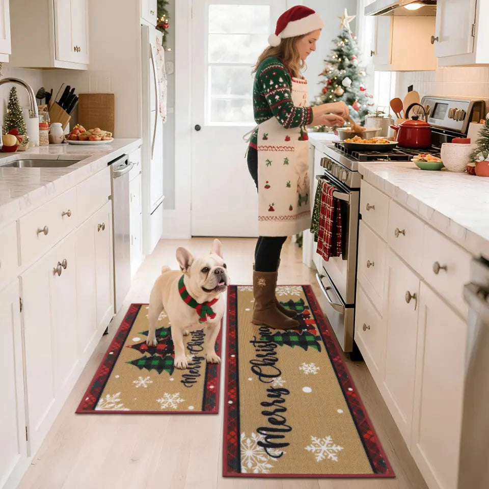 Woman a Dog in Christmas Kitchen with Tree Snowflakes Xmas Kitchen Mats