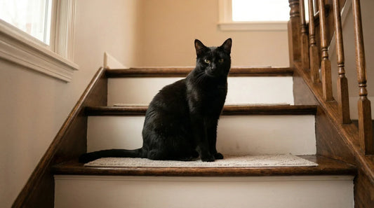 A sleek female black cat sitting confidently on a carpeted stair tread on a wooden staircase