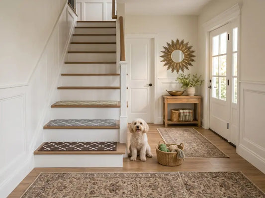 Pet-friendly stair tread color options on a modern staircase