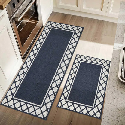 20x30 20x48 Navy Blue Grid-Filled Border Cool Kitchen Rugs