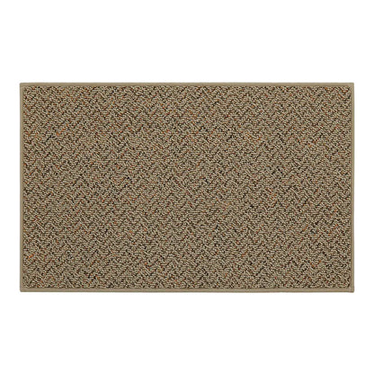 Taupe textured kitchen mat with a geometric pattern on a white background