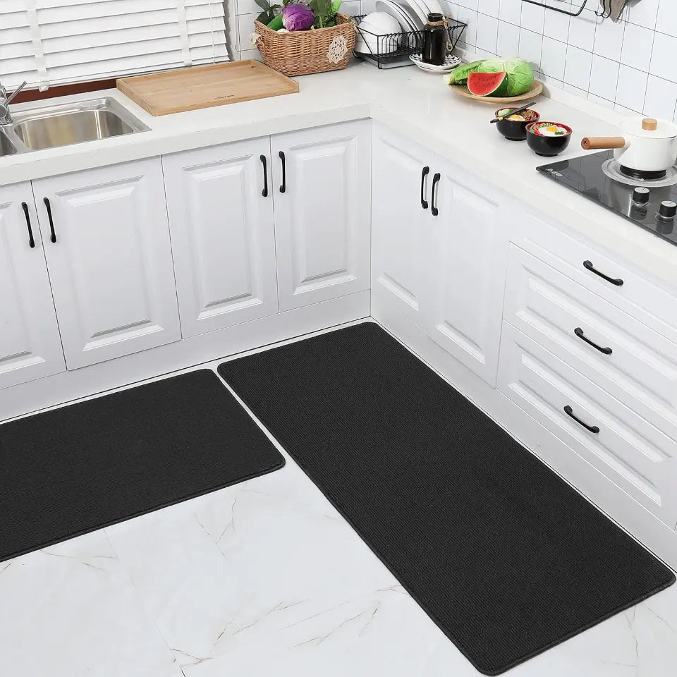 24x35 24x60 Black Plain Kitchen Rugs Set