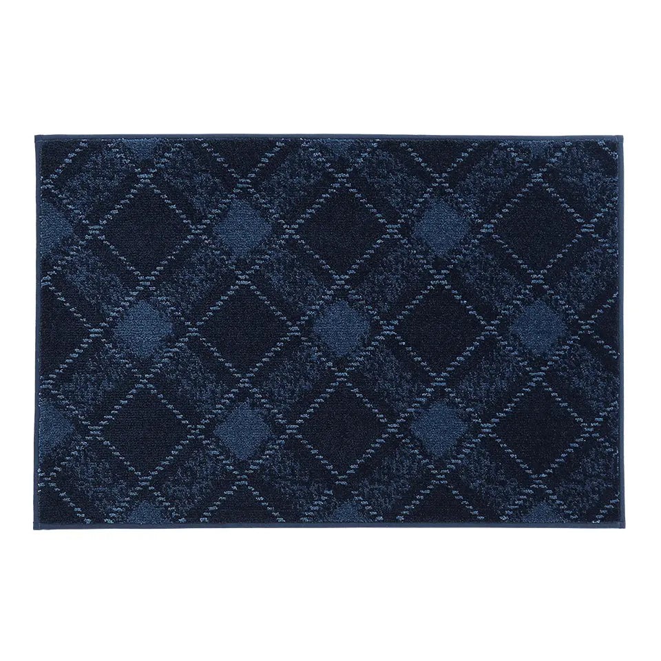 24x36 navy blue textured diamond patterned rug on a white background
