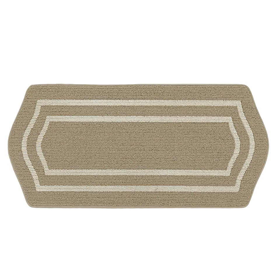 Rectangular beige rug with a white border on a white background